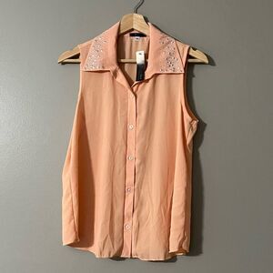 NWT SOY Shine On You Peach Color Semi Sheer Embellished Collar Sleeveless Blouse